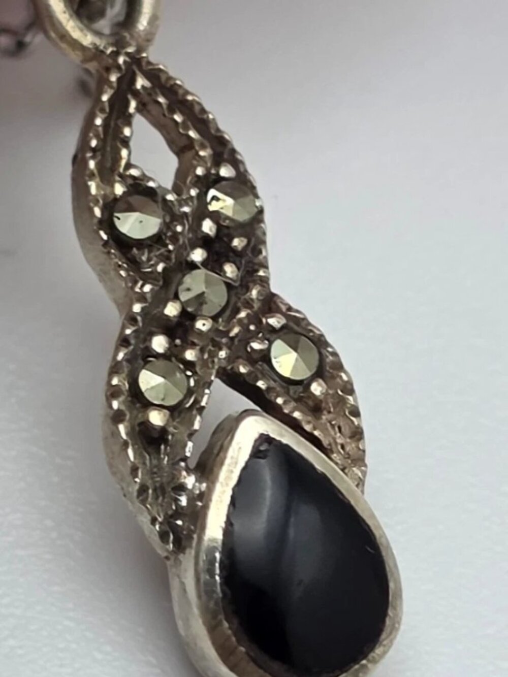 925 Sterling Silver Onyx Marcasite Pendant Necklace 18.5" 27mm Vintage - Picture 7 of 10